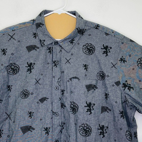Game Of Thrones Men's XXL Shirt Gray Black Short Sleeve Button Up NWT BL24 - Picture 2 of 5